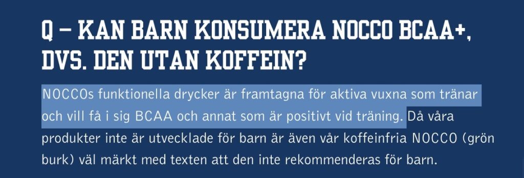 Text från No Carbs Companys sajt där det står att Nocco passar i samband med träning.
