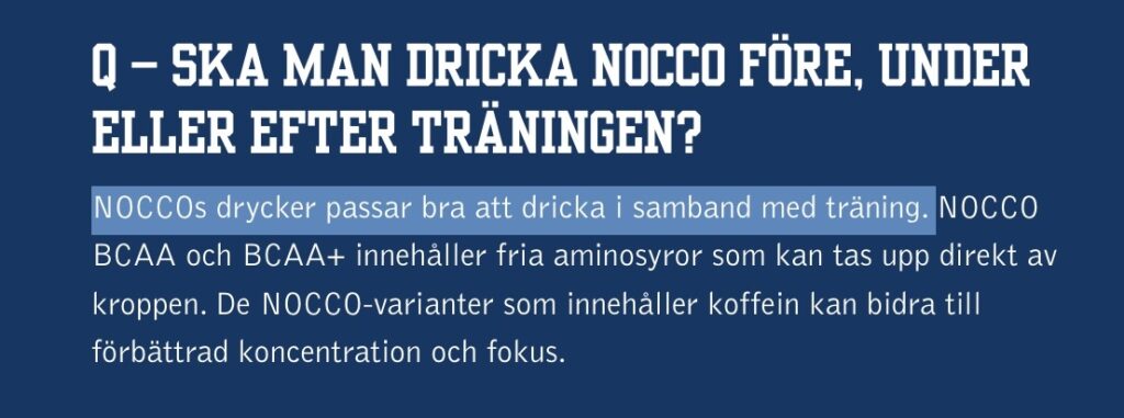 Text från No Carbs Companys sajt där det står att Nocco passar i samband med träning.